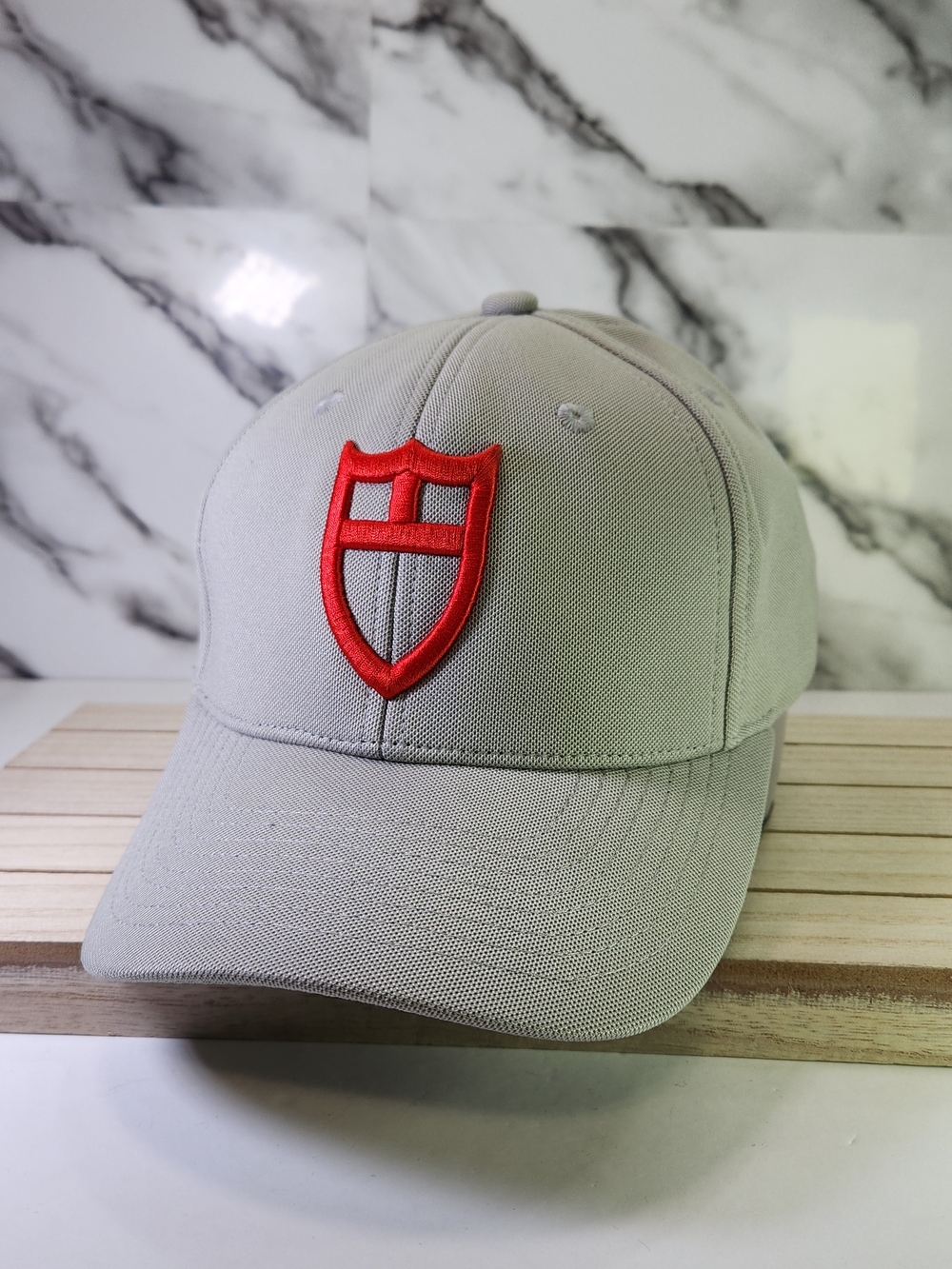 Tudor Cap. Grey Baseball Hat with Red Shield Tudor Embroider
